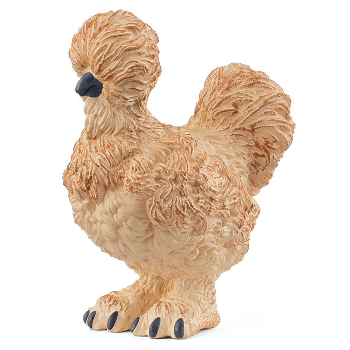 A close-up view of Schleich Silkie Chicken Farm Animal Toy highlighting feather details on a white background