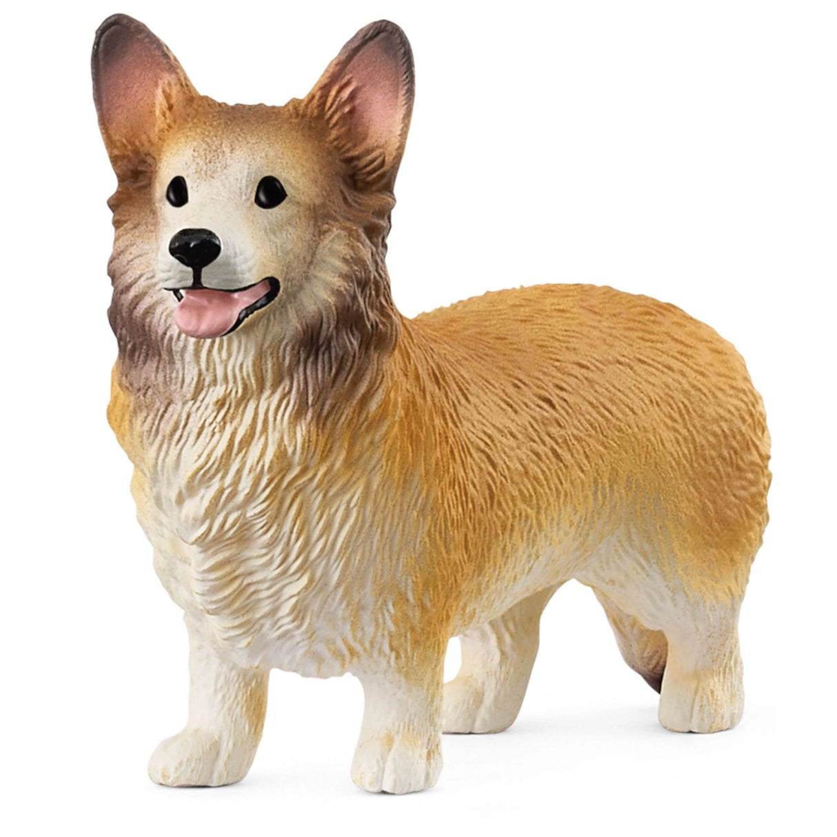 A close-up view of Schleich Welsh Corgi farm animal toy on a white background