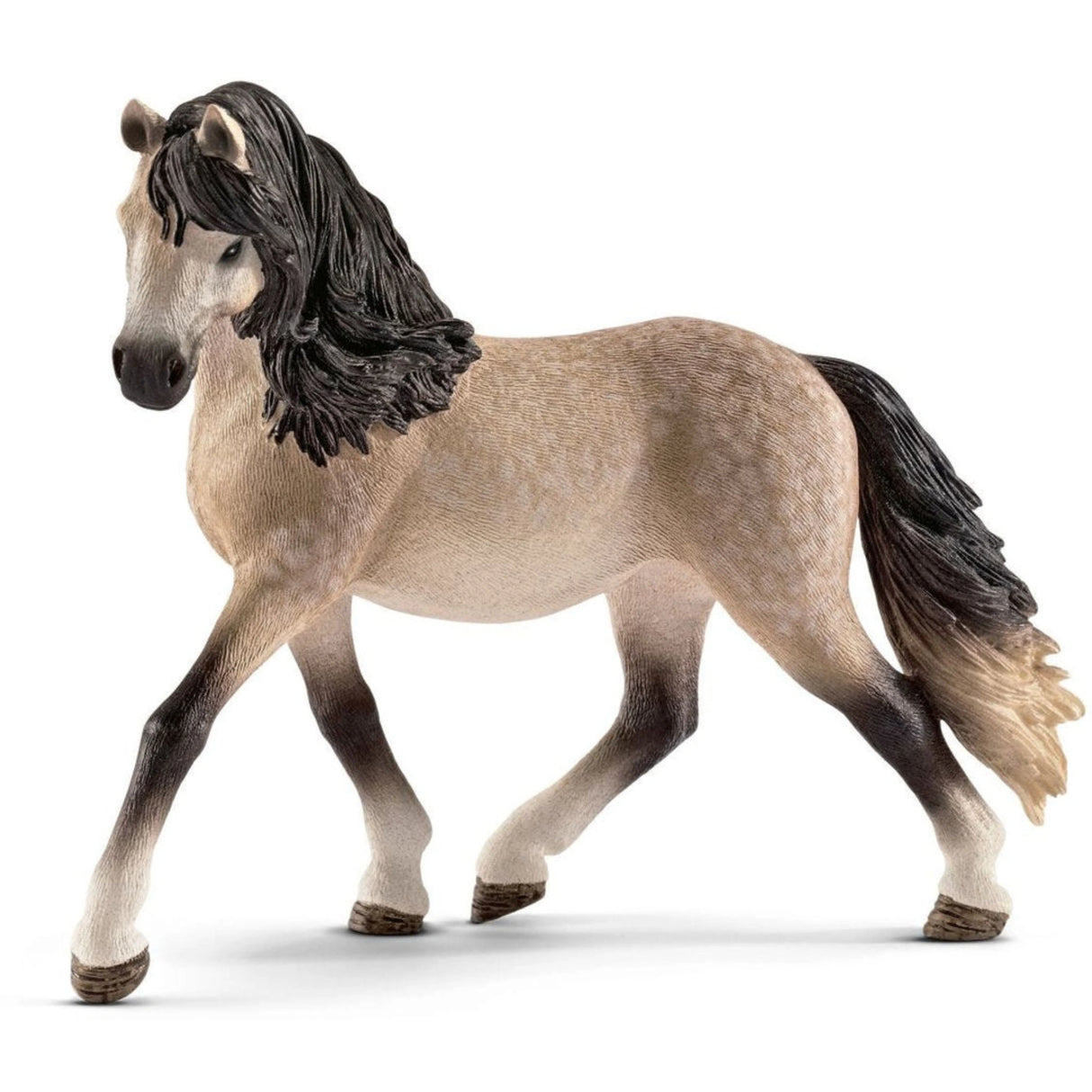 A close-up view of Schleich horse toy Andalusian mare on a white background