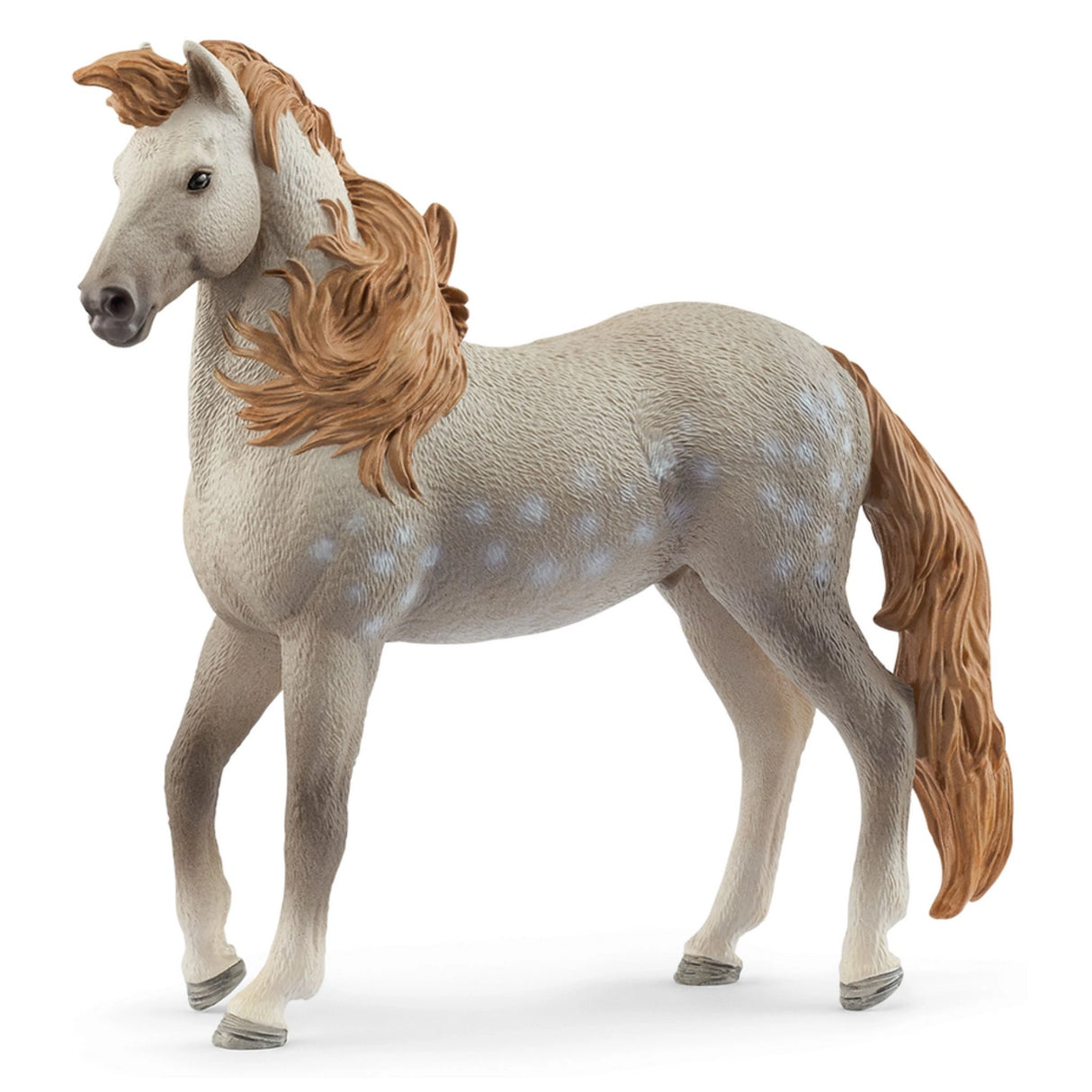 A close-up view of Schleich horse toy Andalusian Stallion on a white background