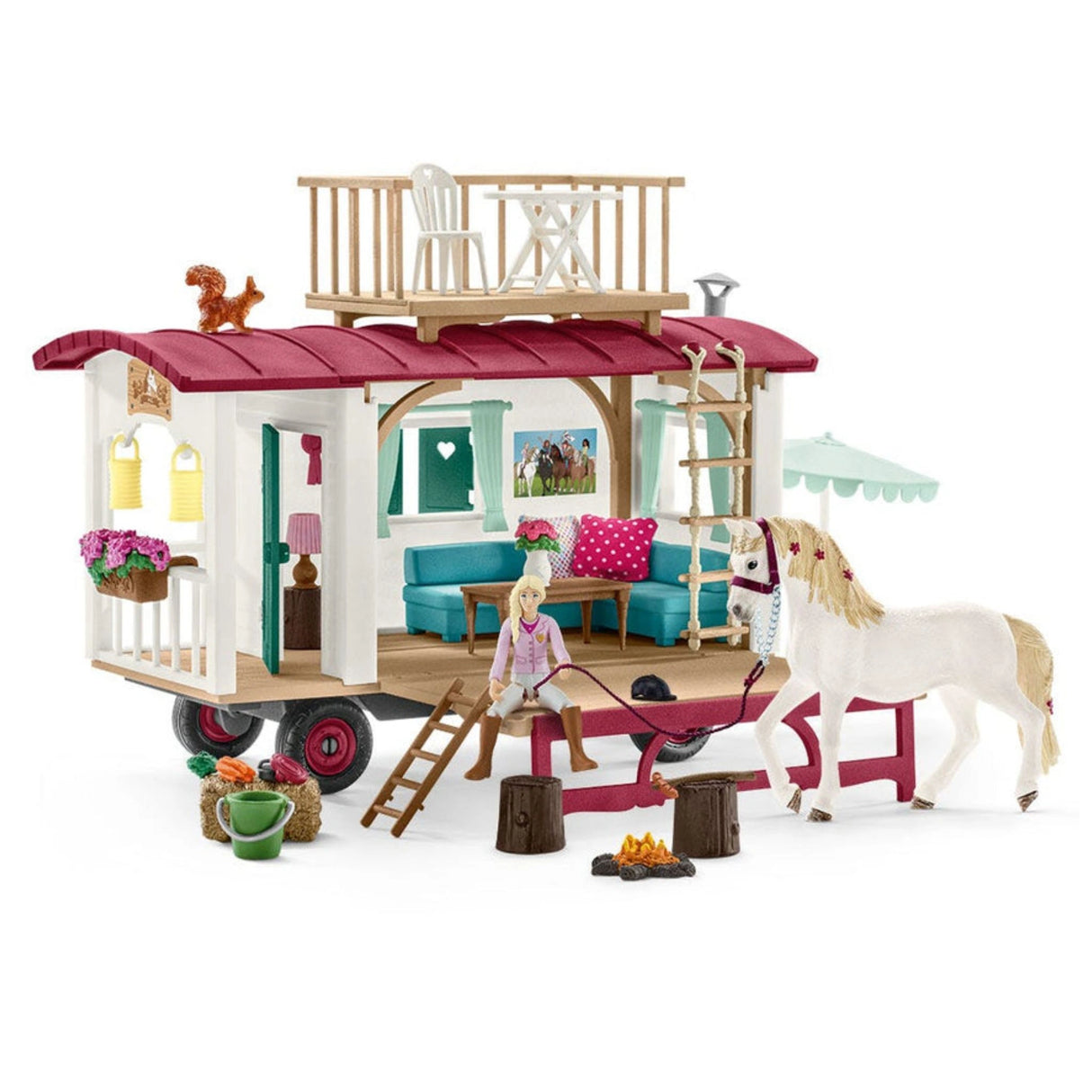 A detailed view of Schleich animals Horse Club playset with figurines and accessories on a white background