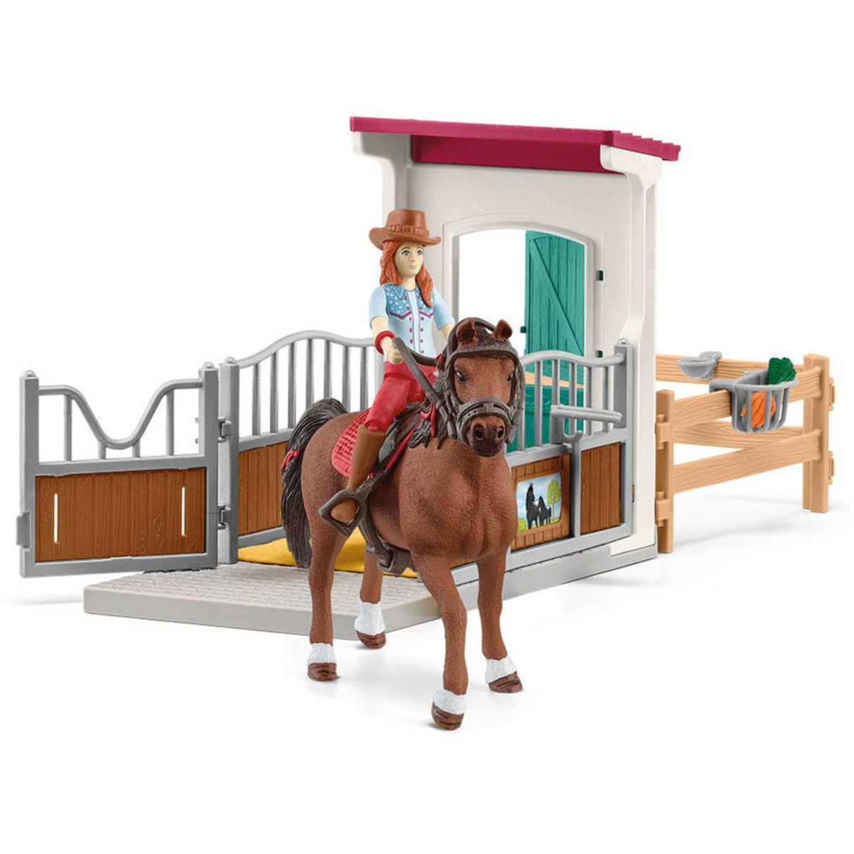 A close-up view of Schleich Horse Toy Horse Box with Hannah and Cayenne on a white background