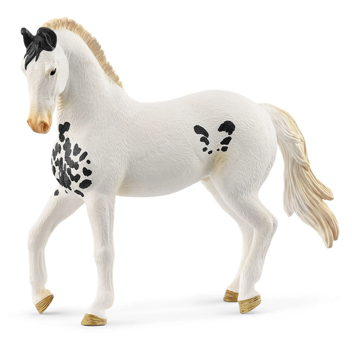 A close-up view of Schleich Marwari Stallion toy horse showing detailed features on a white background