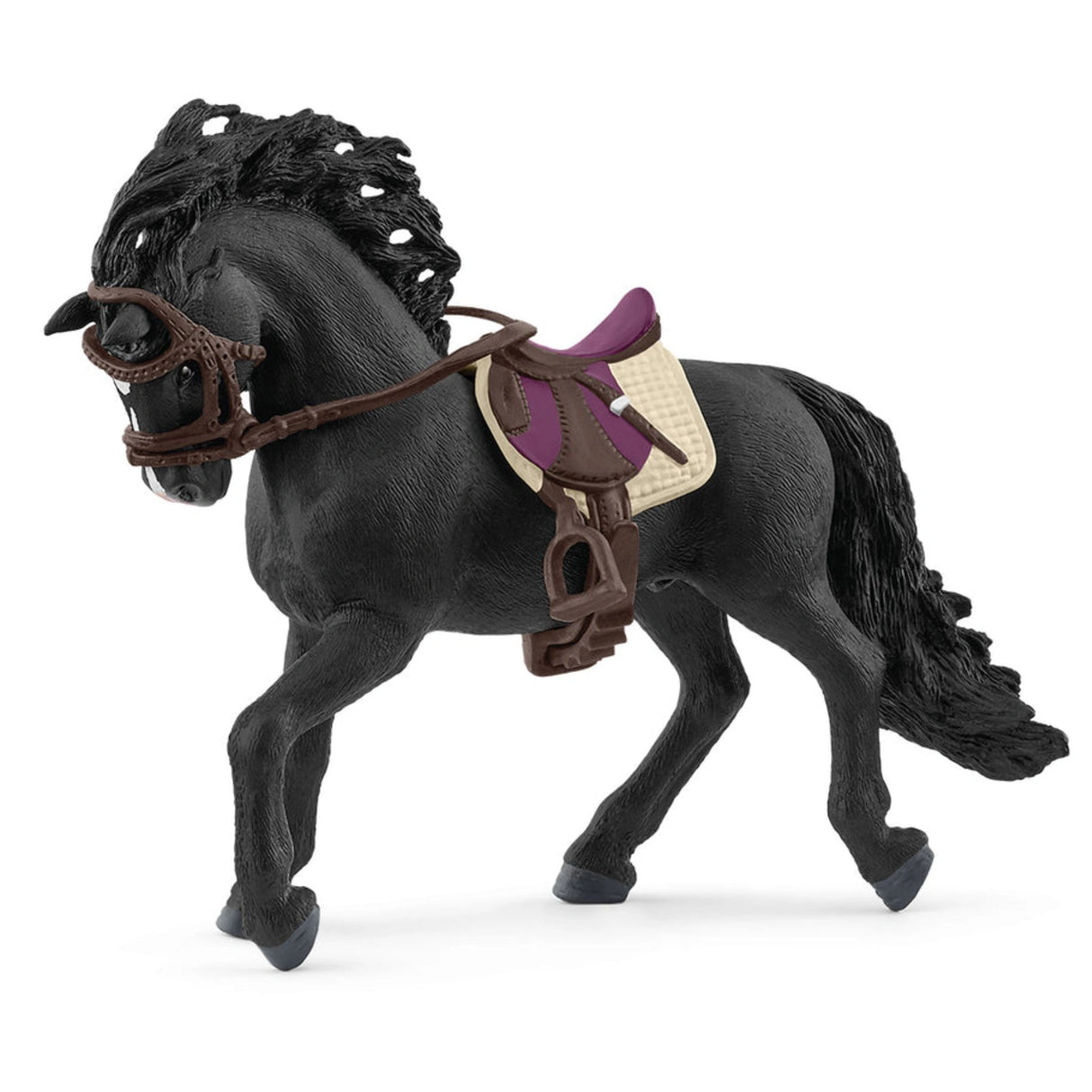 A close-up view of Schleich horse toy Pura Raza Española Stallion with saddle and bridle on a white background