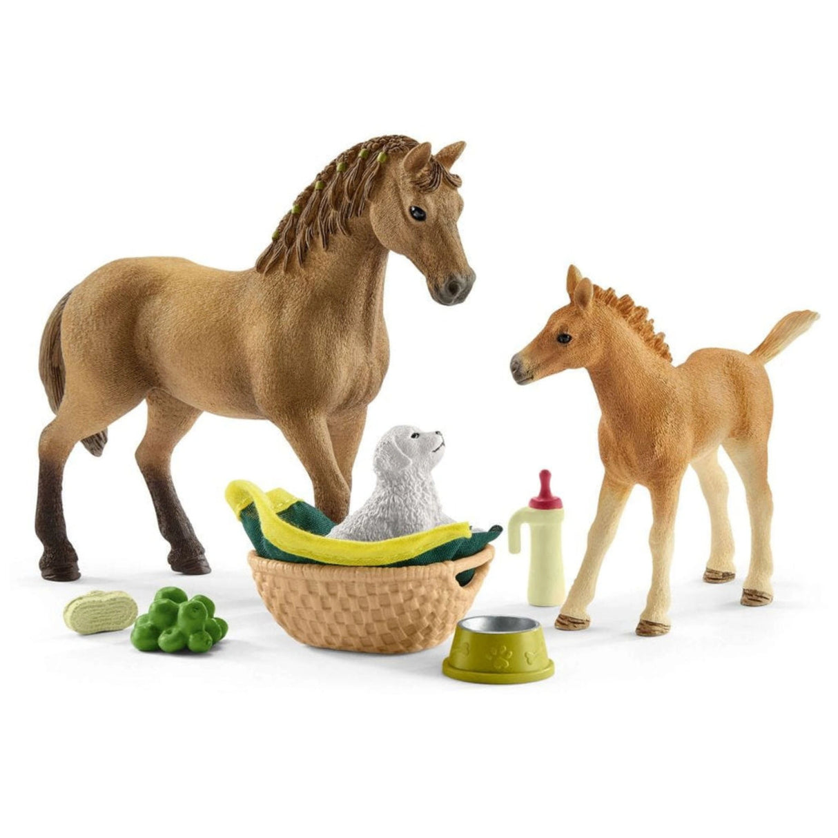 A close-up view of Schleich Horse Club Sarah's Baby Animal Care horse toy on a white background