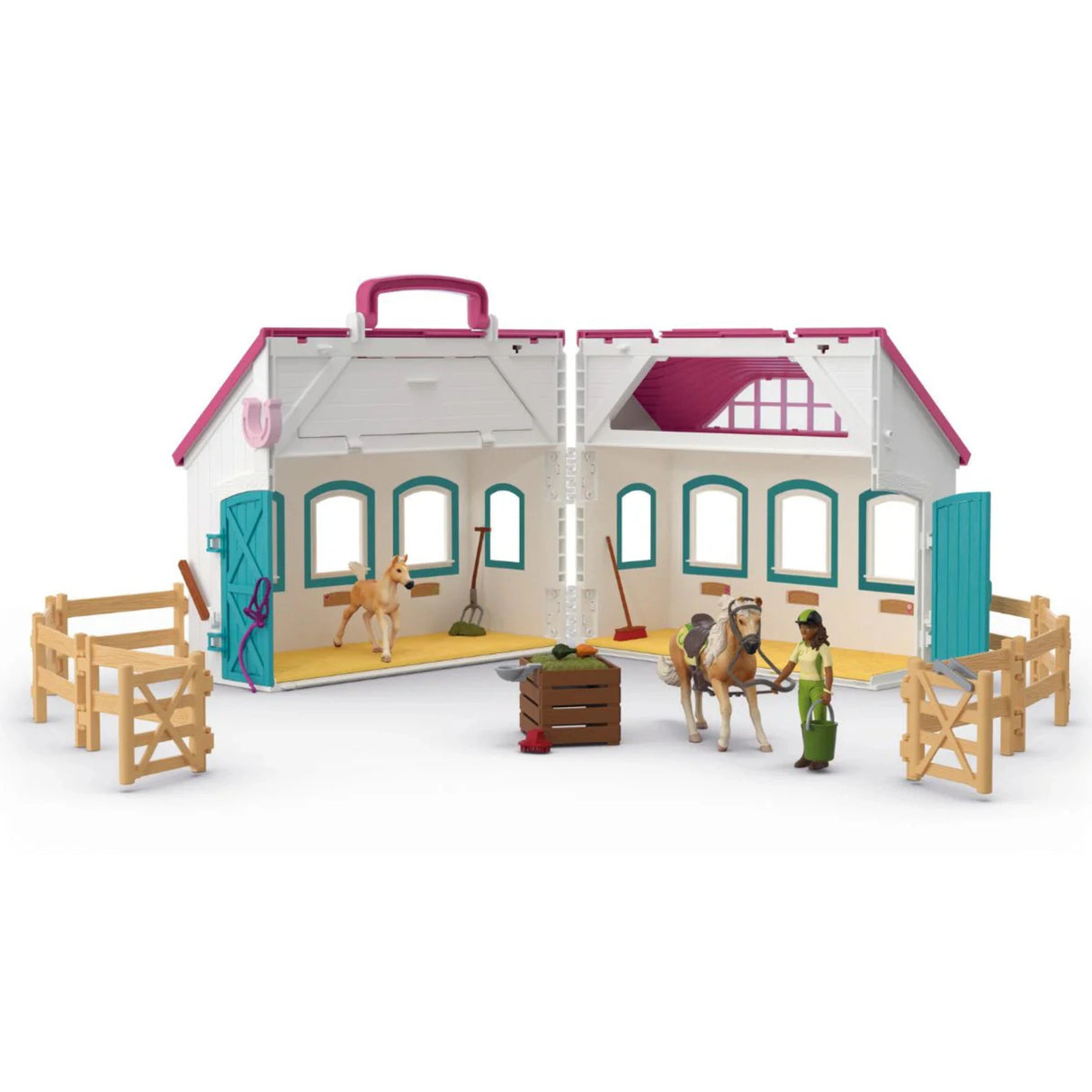 A close-up view of Schleich Horse Club Open Stable Little Horseshoe Horse Toy on a white background