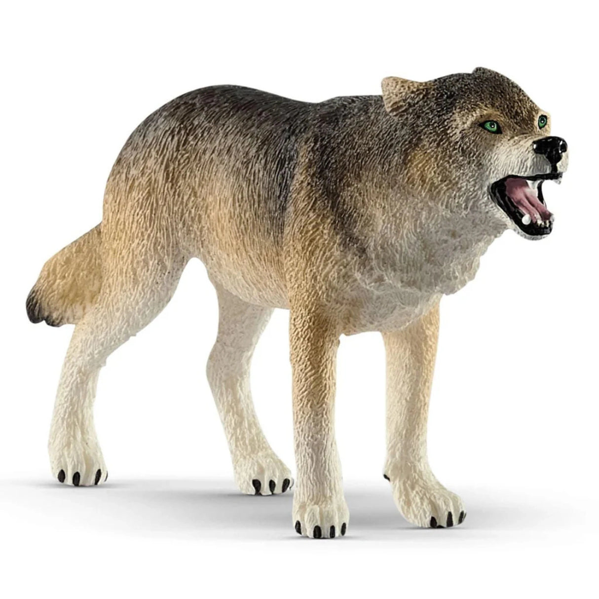 A close-up view of Schleich Wild Animal Toy Light Brown Wolf on a white background