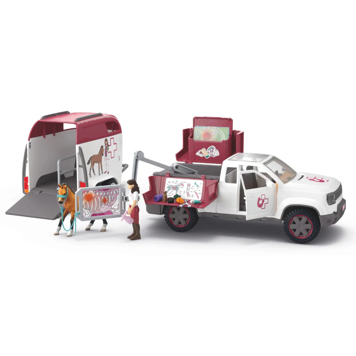 A close-up view of Schleich Horse Toy Mobile Vet with Trailer on a white background