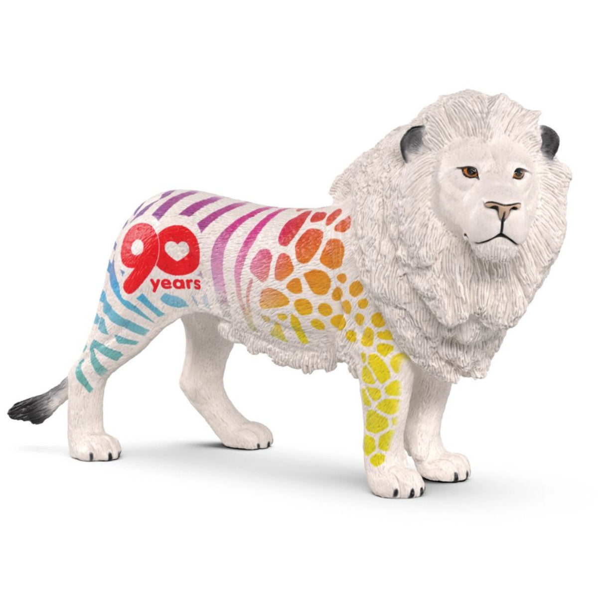 A close-up view of Schleich Safari Toy white lion from the Ninety Years Edition on a white background