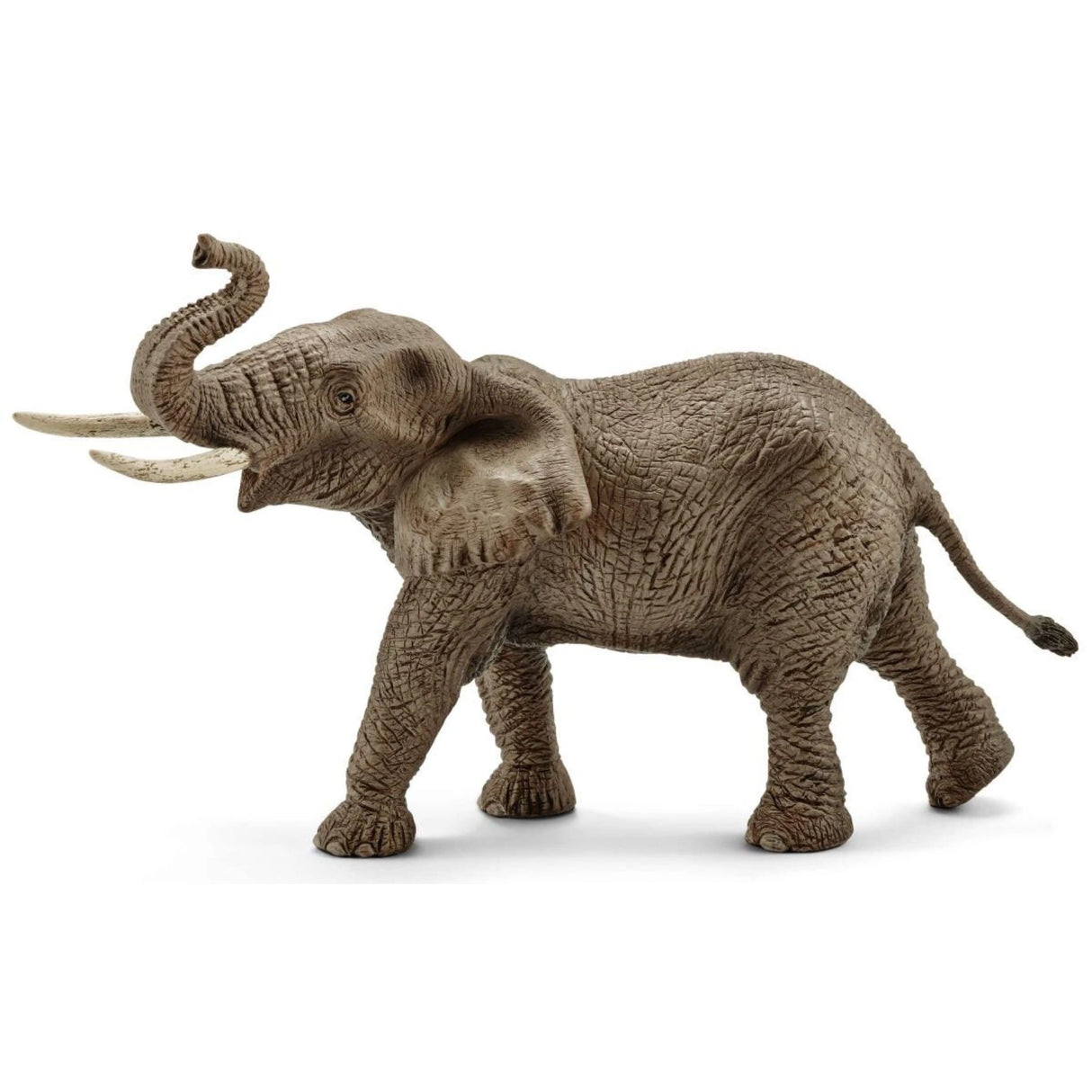 A close-up view of Schleich African Elephant wild animal toy on a white background