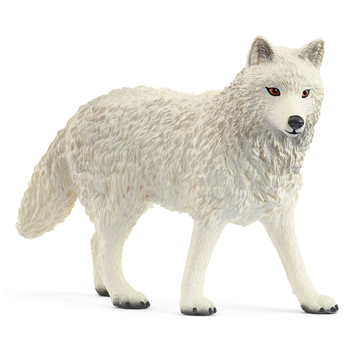 A detailed view of Schleich Wild Life Arctic Wolf figure with thick fur on a white background