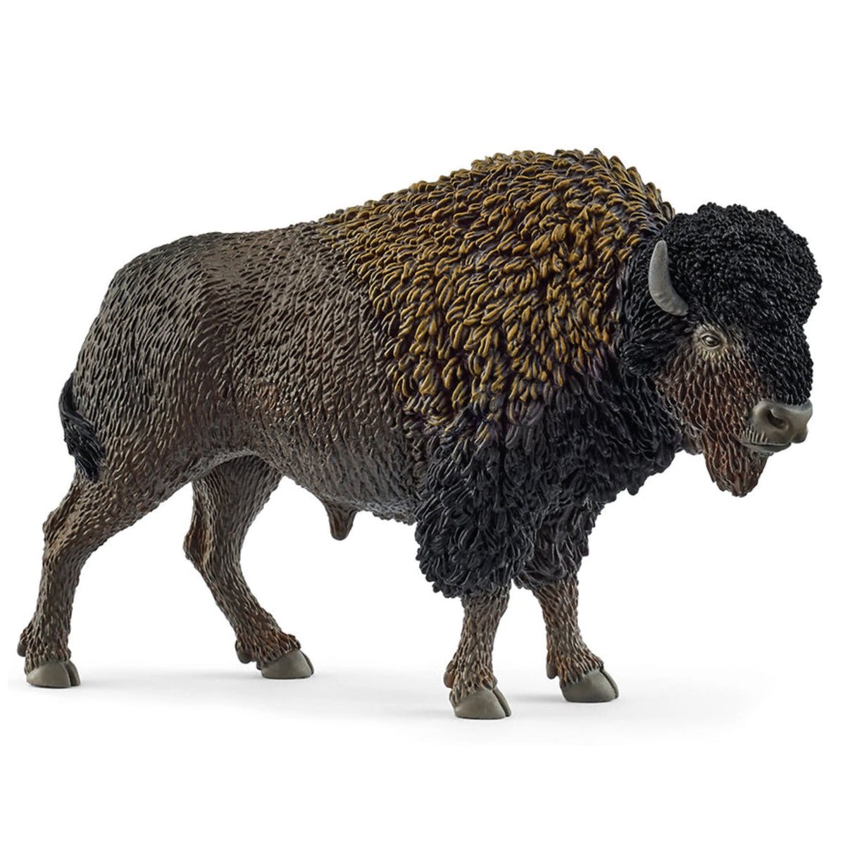 A close-up view of Schleich Wild Life bison figurine on a white background