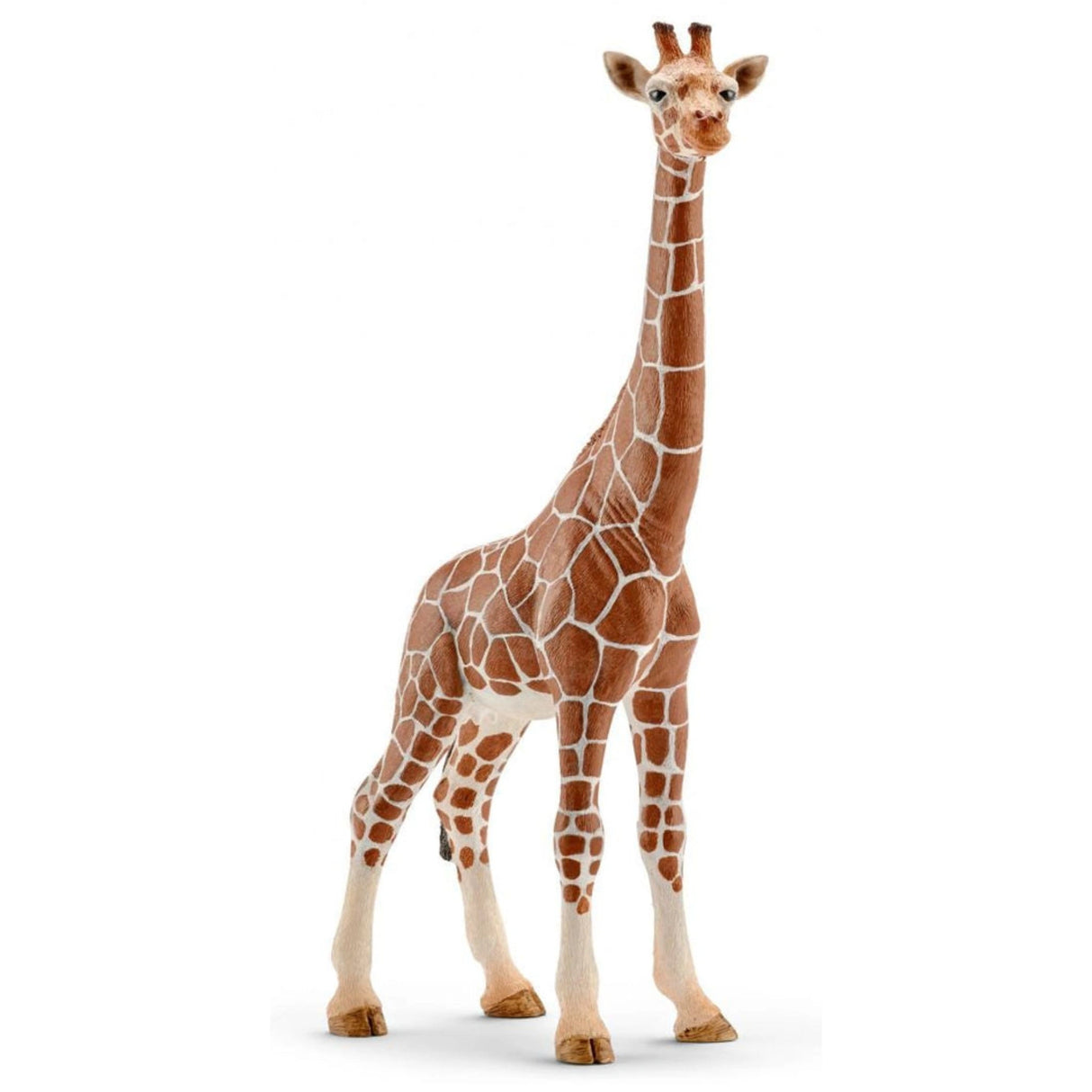 A close-up view of Schleich wild animal toy giraffe female with camouflage spots on a white background