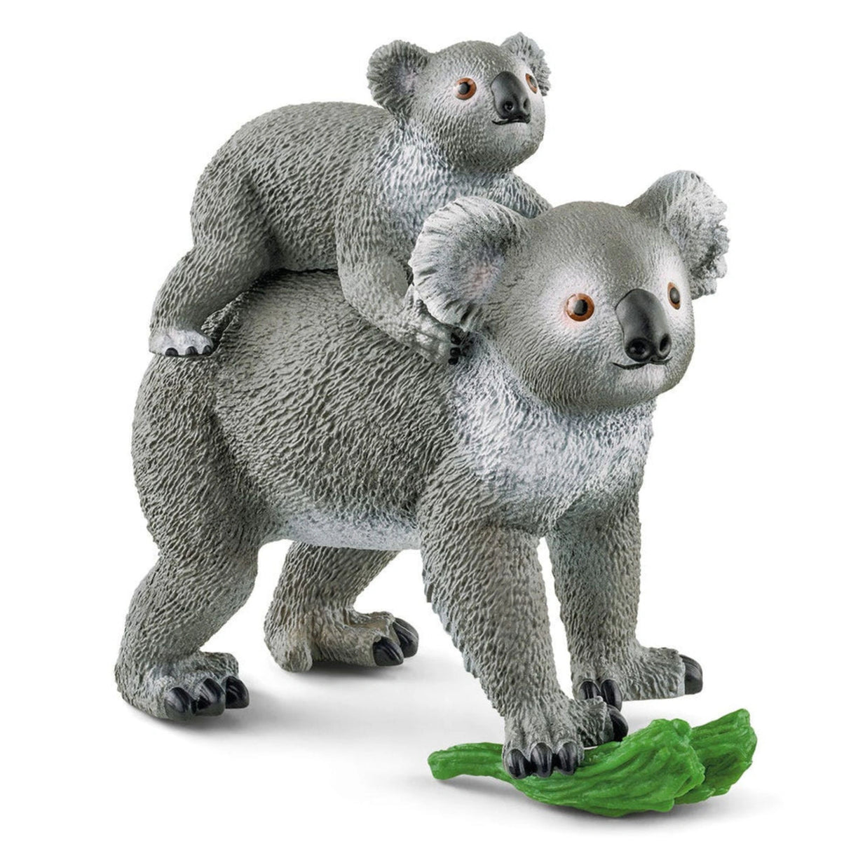 A close-up view of Schleich Wild Life Koala Mother and Baby wild animal toys on a white background