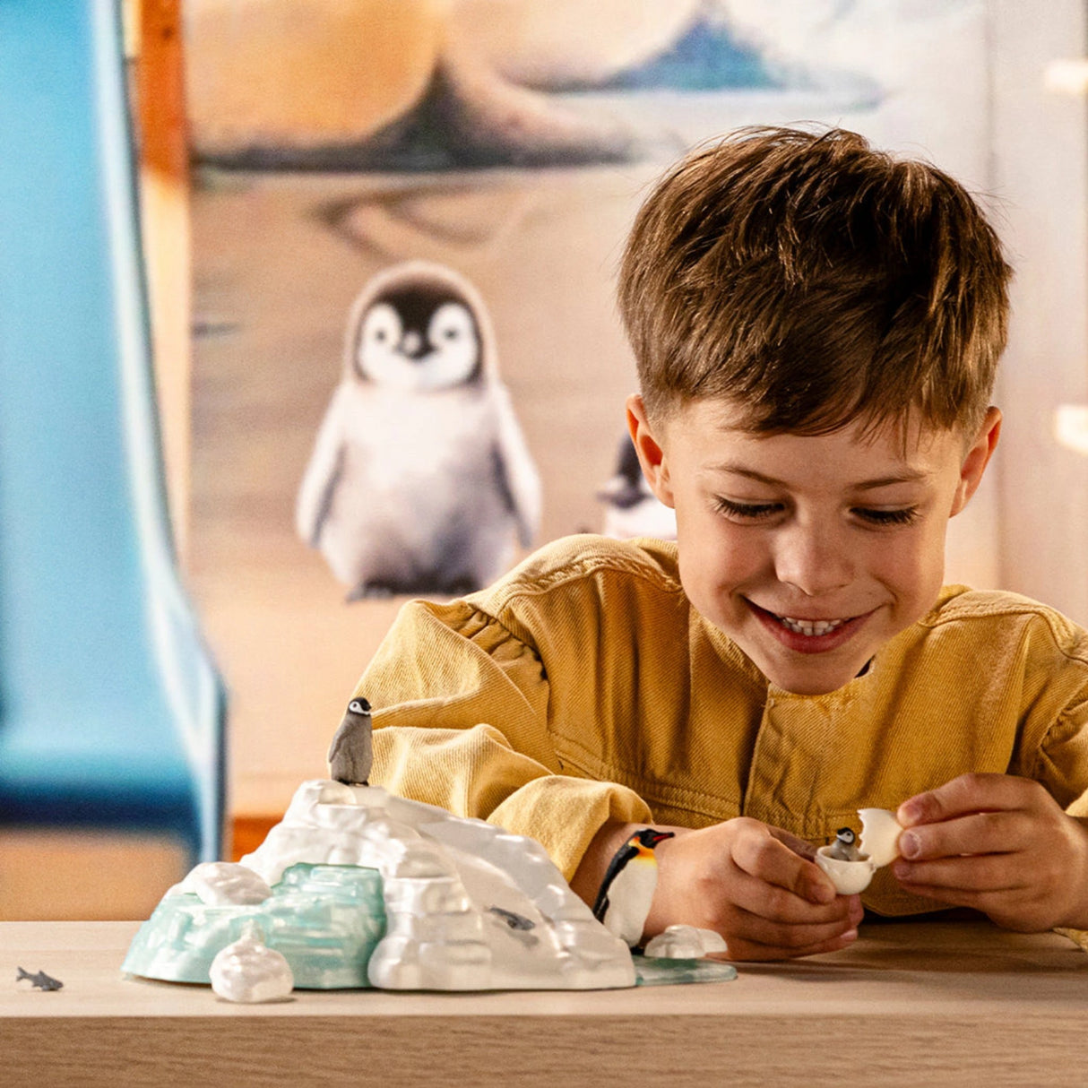 A child playing with the Schleich Wild Animal Toys Penguin Family Fun set inside a colorful playroom
