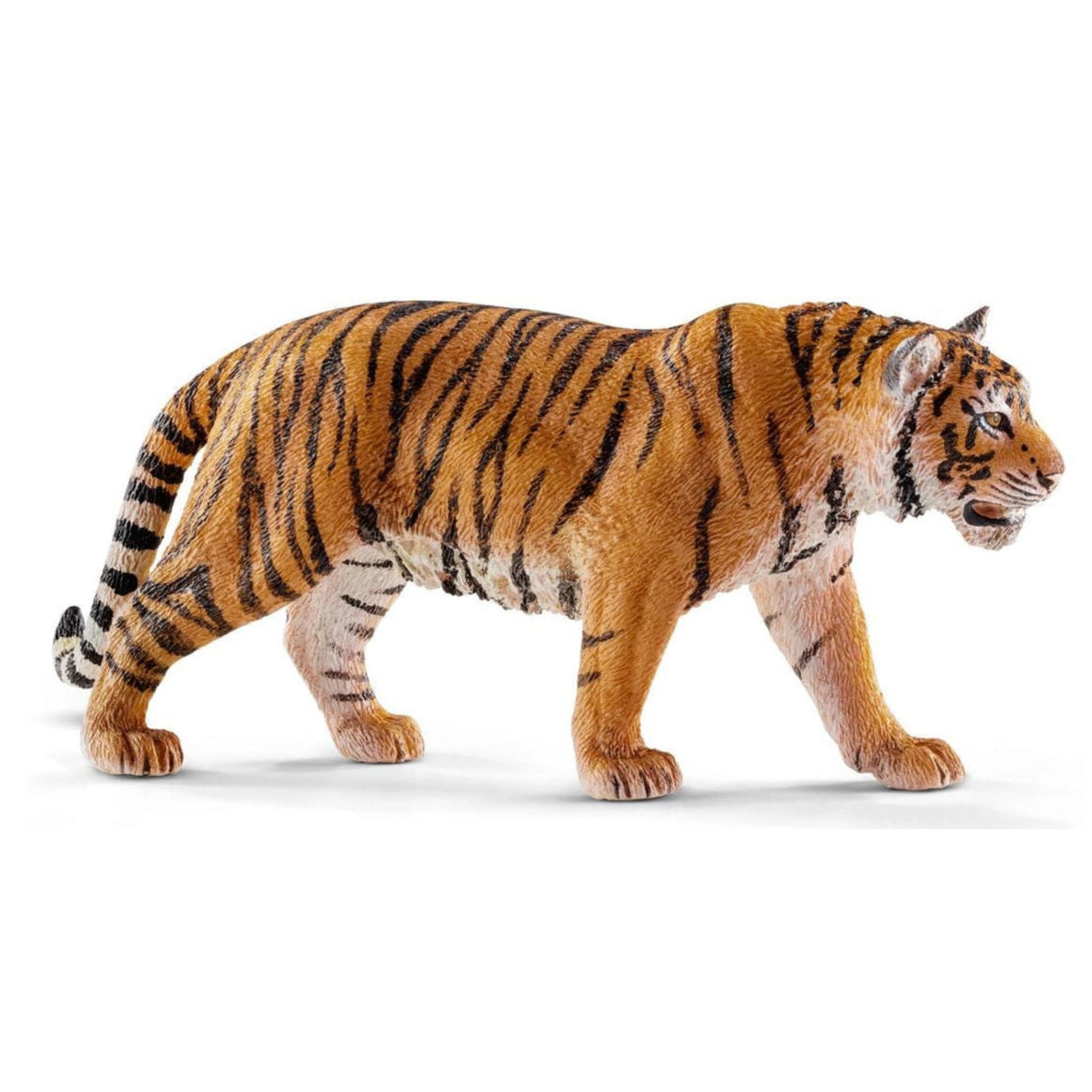 A close-up view of Schleich tiger wild animal toy on a white background