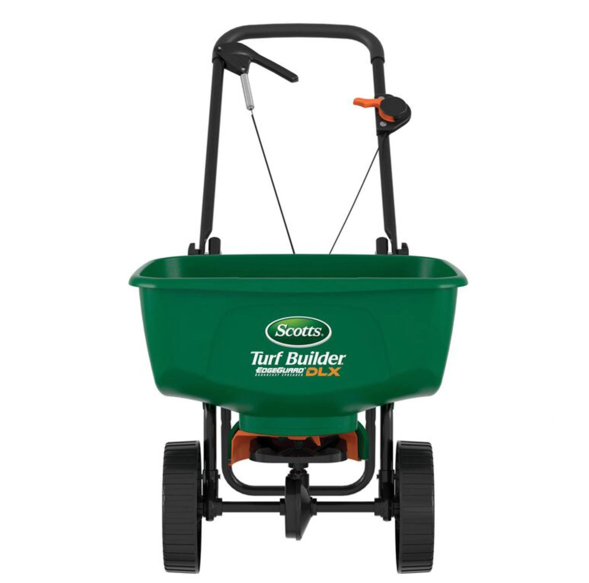 A front view of Scotts Turf Builder EdgeGuard DLX Broadcast Spreader on a white background