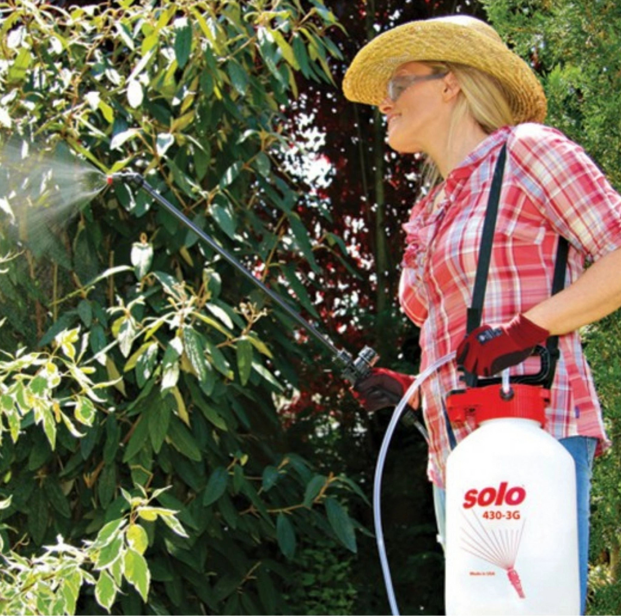 A gardener using Solo Corporation 430 Portable Heavy Duty Handheld Sprayer 3 Gallon, outside in Kamloops, British Colombia