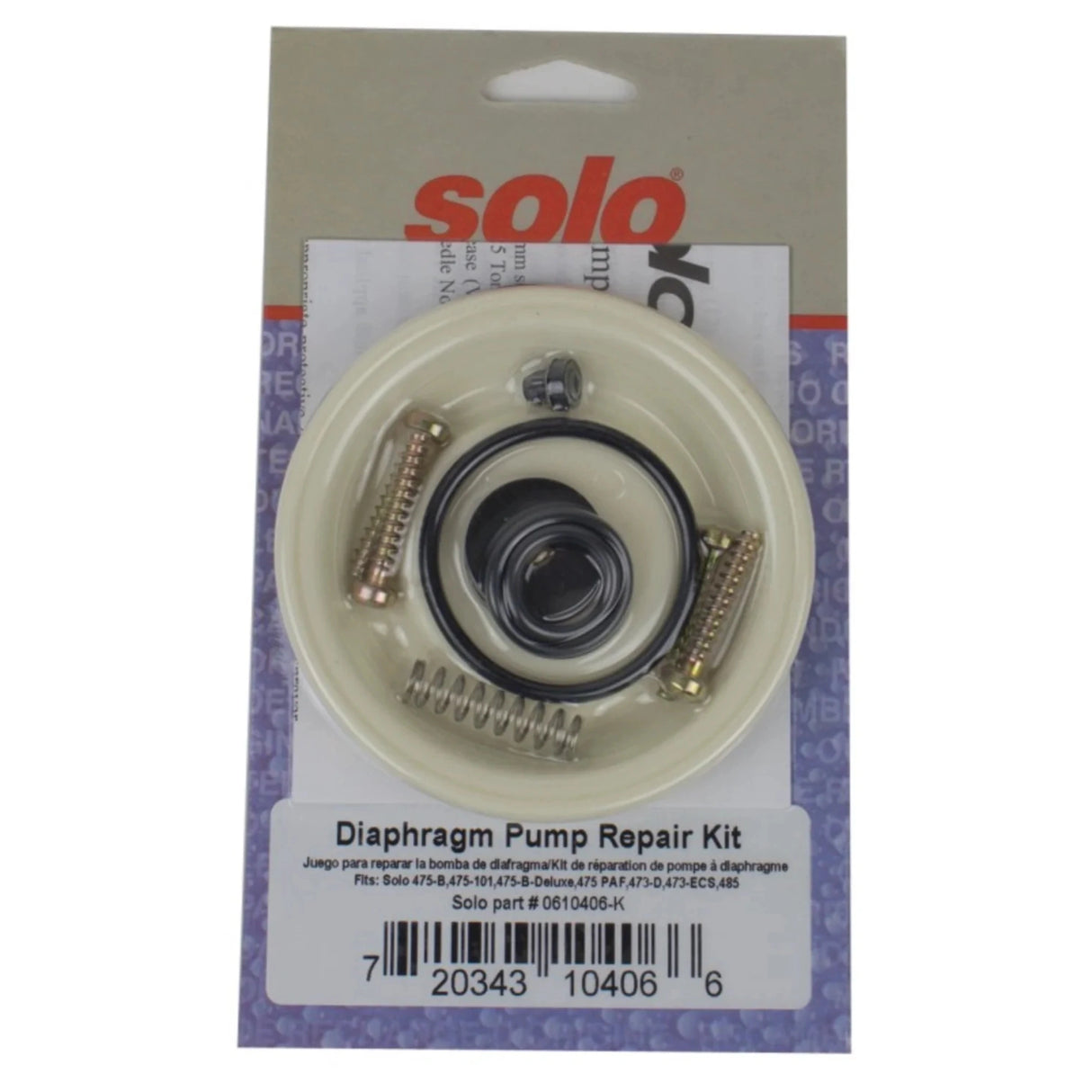 Front view of Solo diaphragm pump repair kit spray parts on a white background