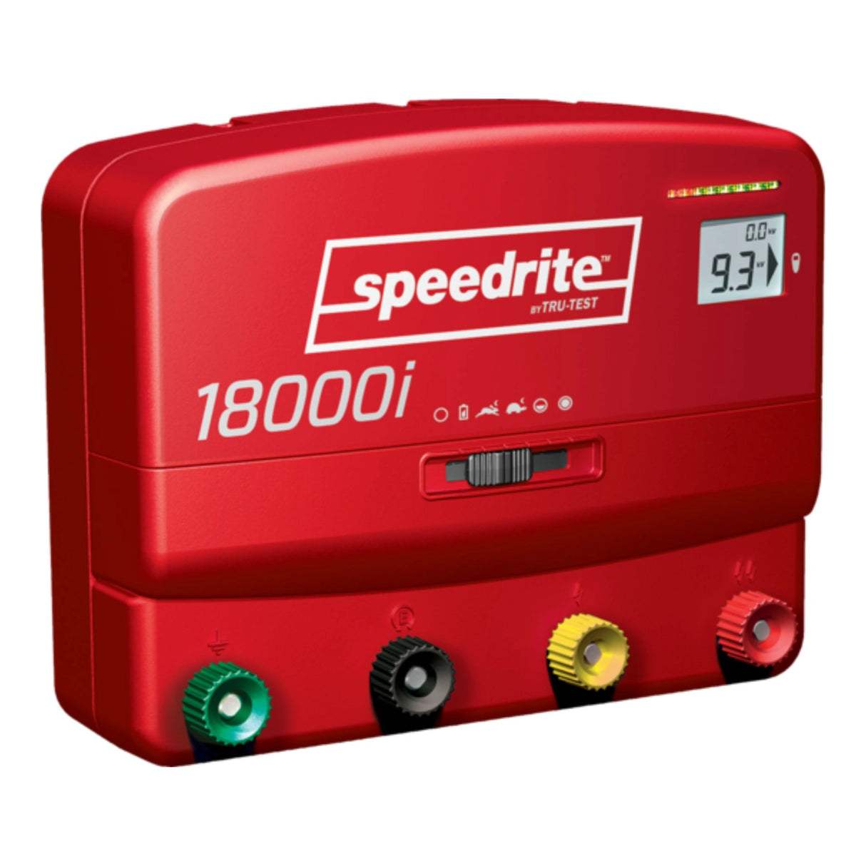 A front view of Speedrite 18000i Unigizer Dual Powered Fence Energizer on a white background