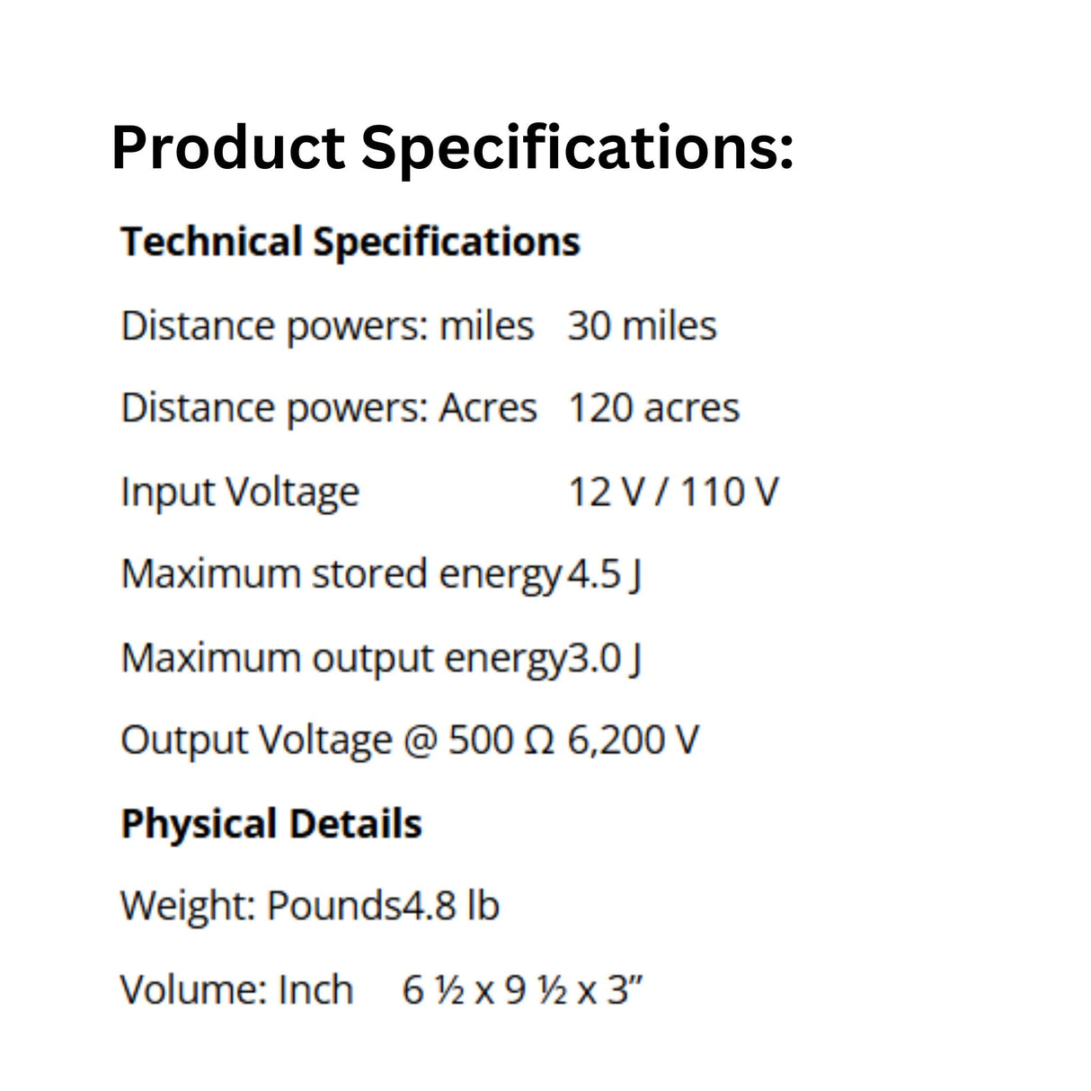 Speedrite 3000 Unigizer Dual Powered Fence Energizer product specifications displayed on a white background