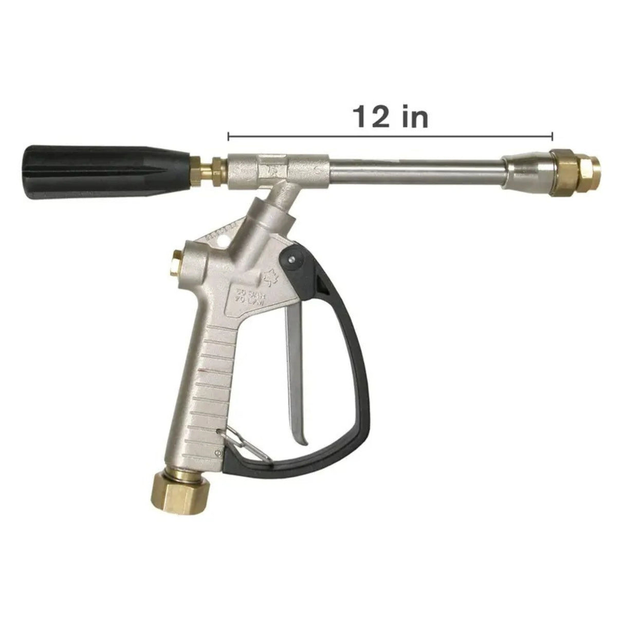 A front view of Braber Equipment Spray Gun 580 PSI 12" Wand & Gun Assembly on a white background with visible dimensions displayed
