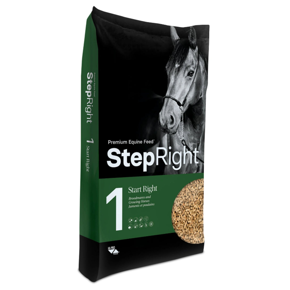 A front side view of Step 1 Start Right - Broodmares and Growing Horses Horse Feed on a white background