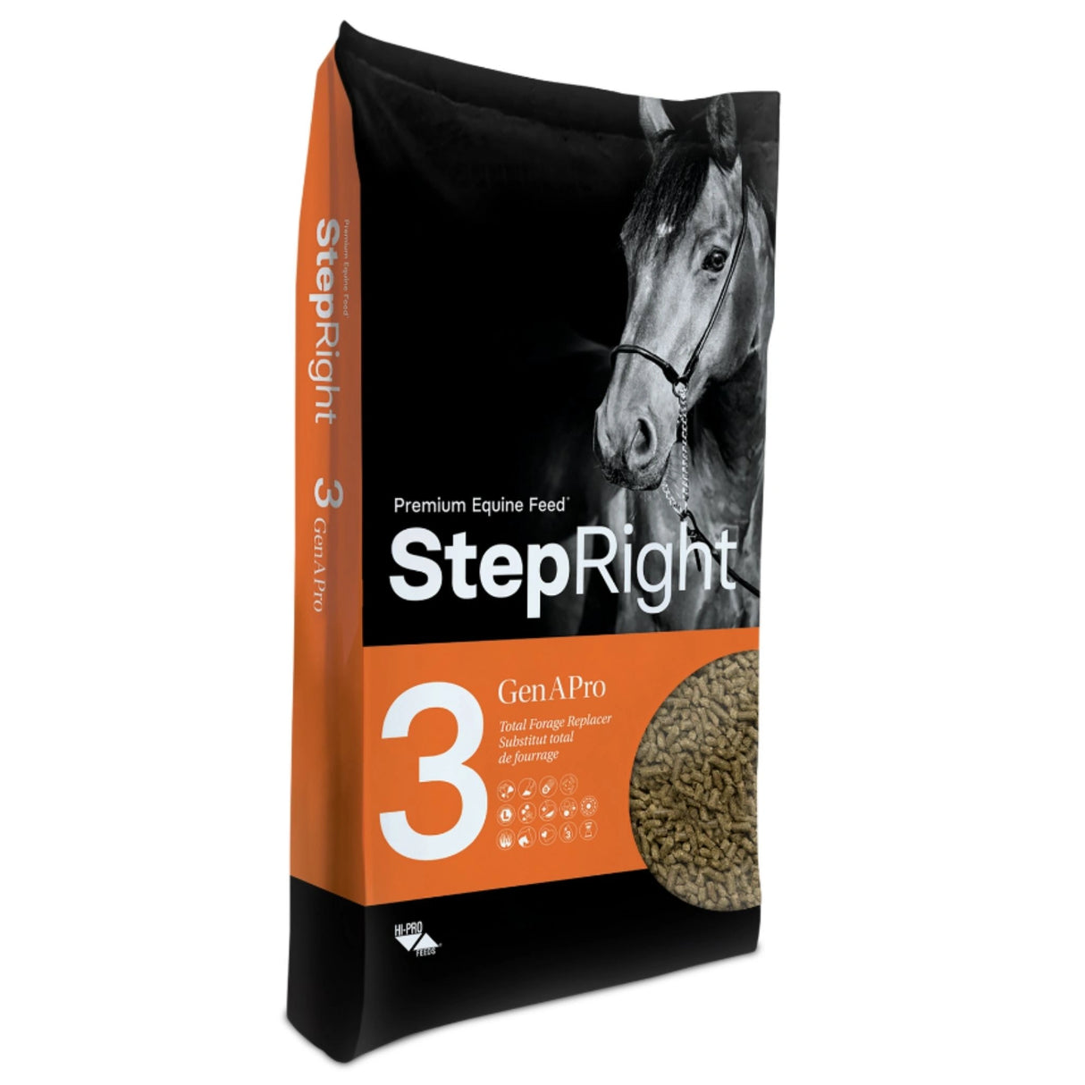 A front view of Step Right Step 3 Gen-A-Pro total forage replacer horse feed on a white background