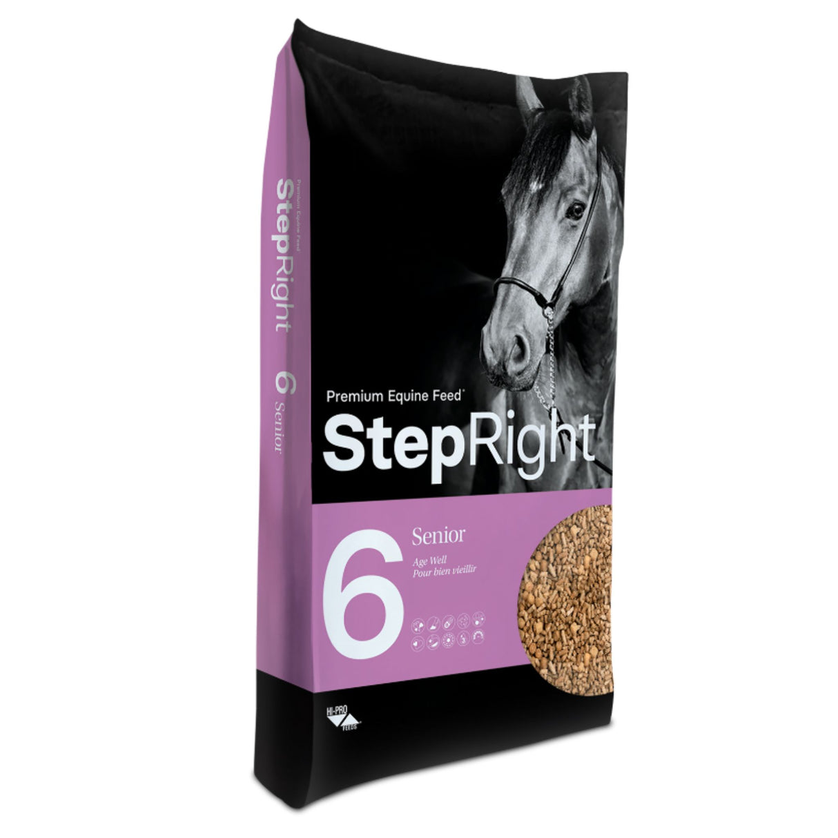 A front side view of Step Right Step 6 Senior Age Well Horse Feed on a white background
