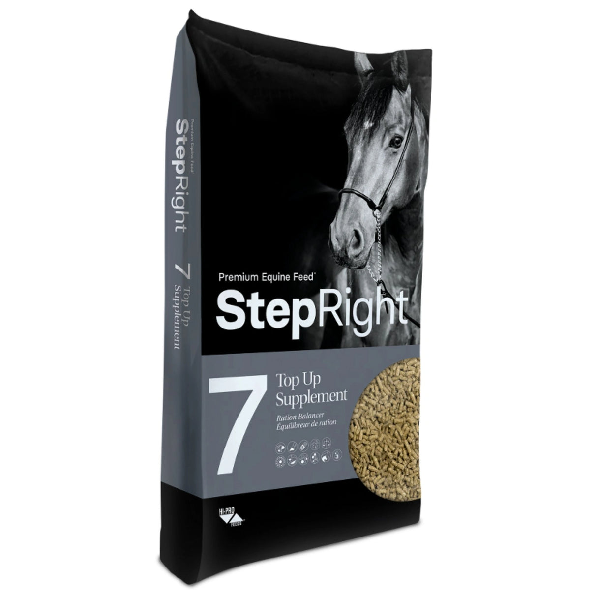 A front side view of Step Right Step 7 Top Up Supplement Ration Balancer Horse Feed on a white background
