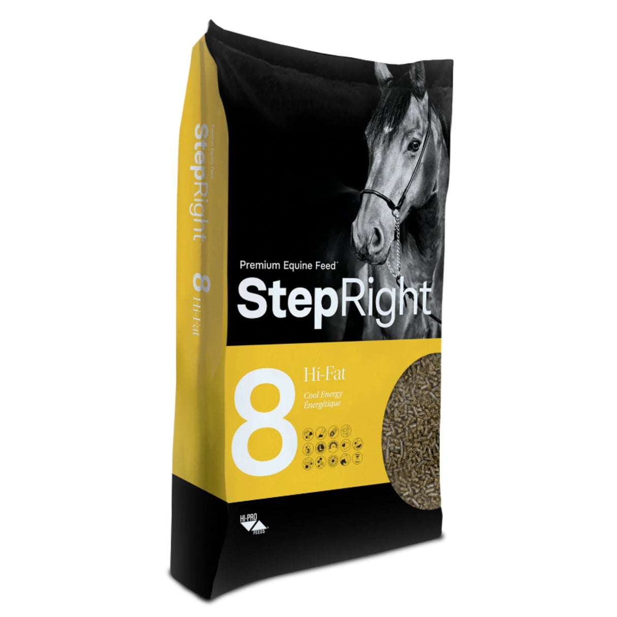 A front side view of Step Right Step 8 Hi-Fat Cool Energy Horse Feed on a white background