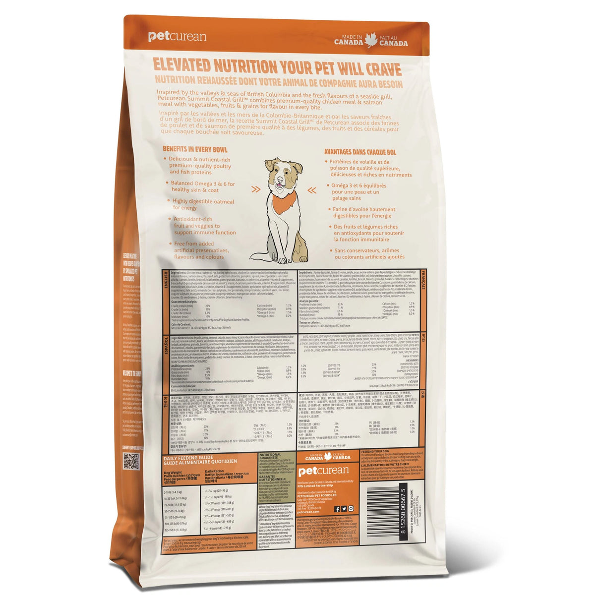 Back of a bag of Summit Chicken Meal + Salmon Meal dog food on a white background showing nutritional information