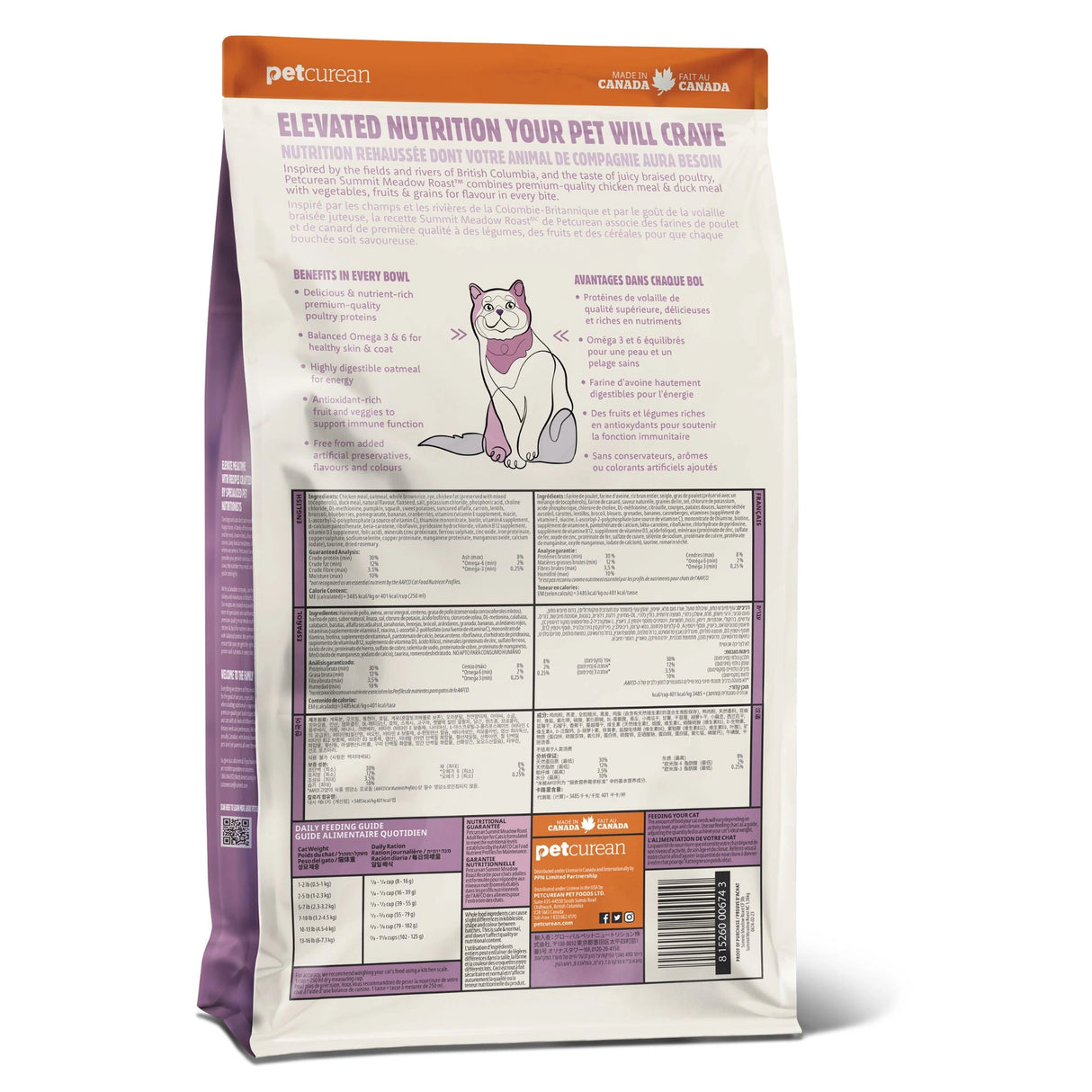 Back part of a bag of Summit Chicken Meal + Duck Meal Dry Recipe cat food on a white background