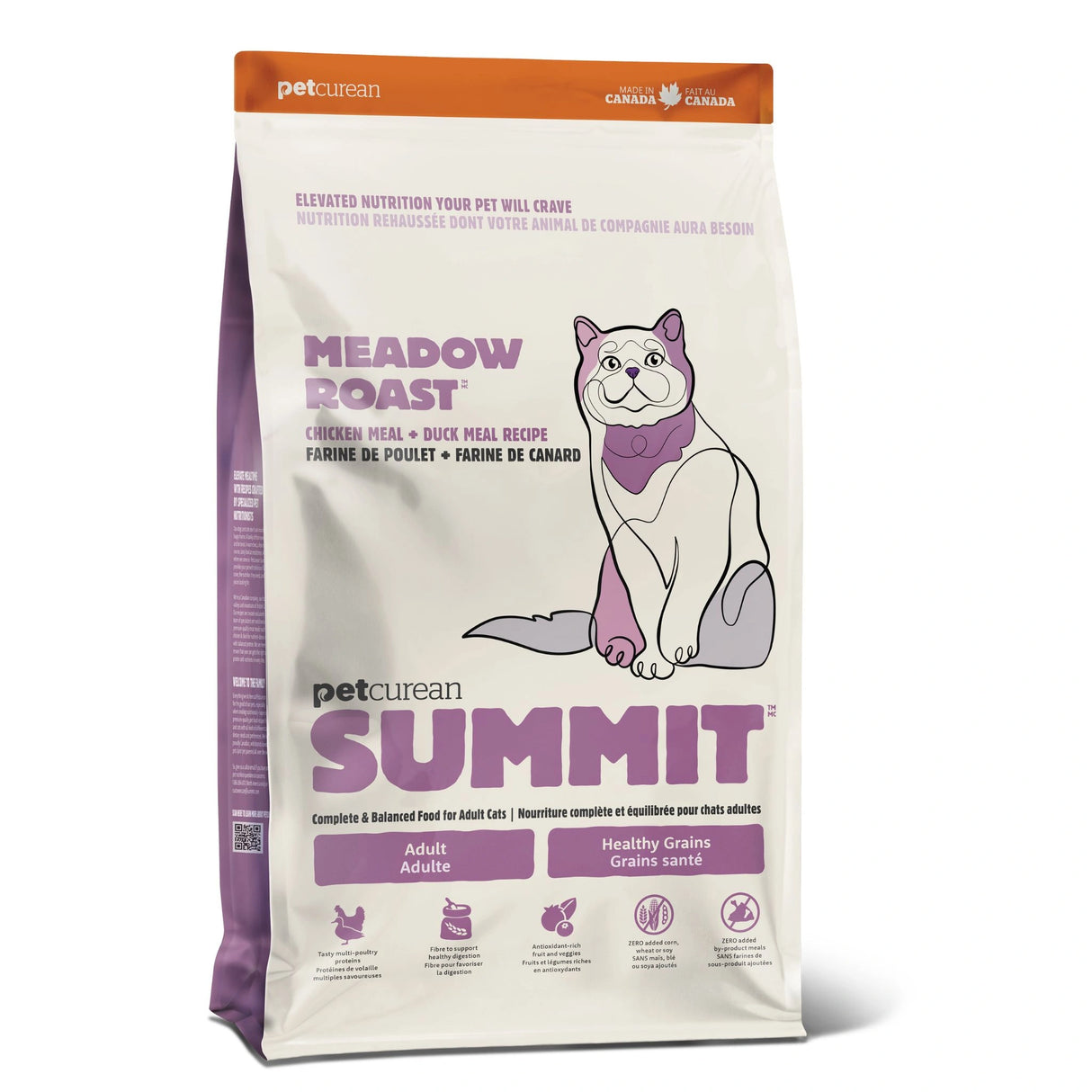 Front part of a bag of Summit Chicken Meal + Duck Meal Dry Recipe cat food on a white background