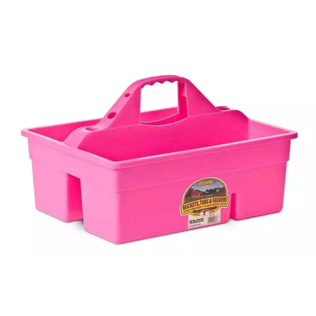 A front side view of the Hot Pink Plastic DuraTote Tote Box by Little Giant on a white background