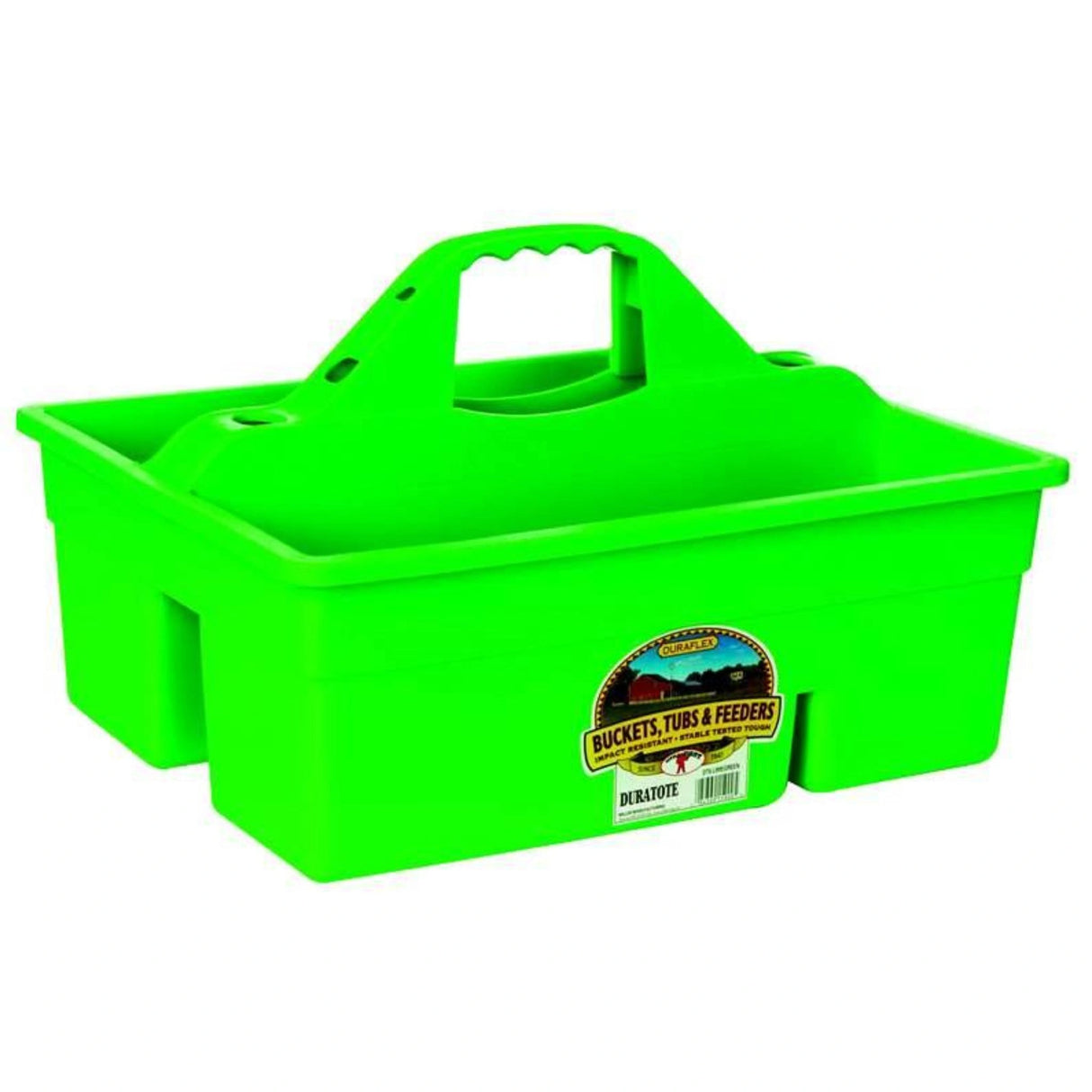A front side view of the Lime Green Plastic DuraTote Tote Box by Little Giant on a white background