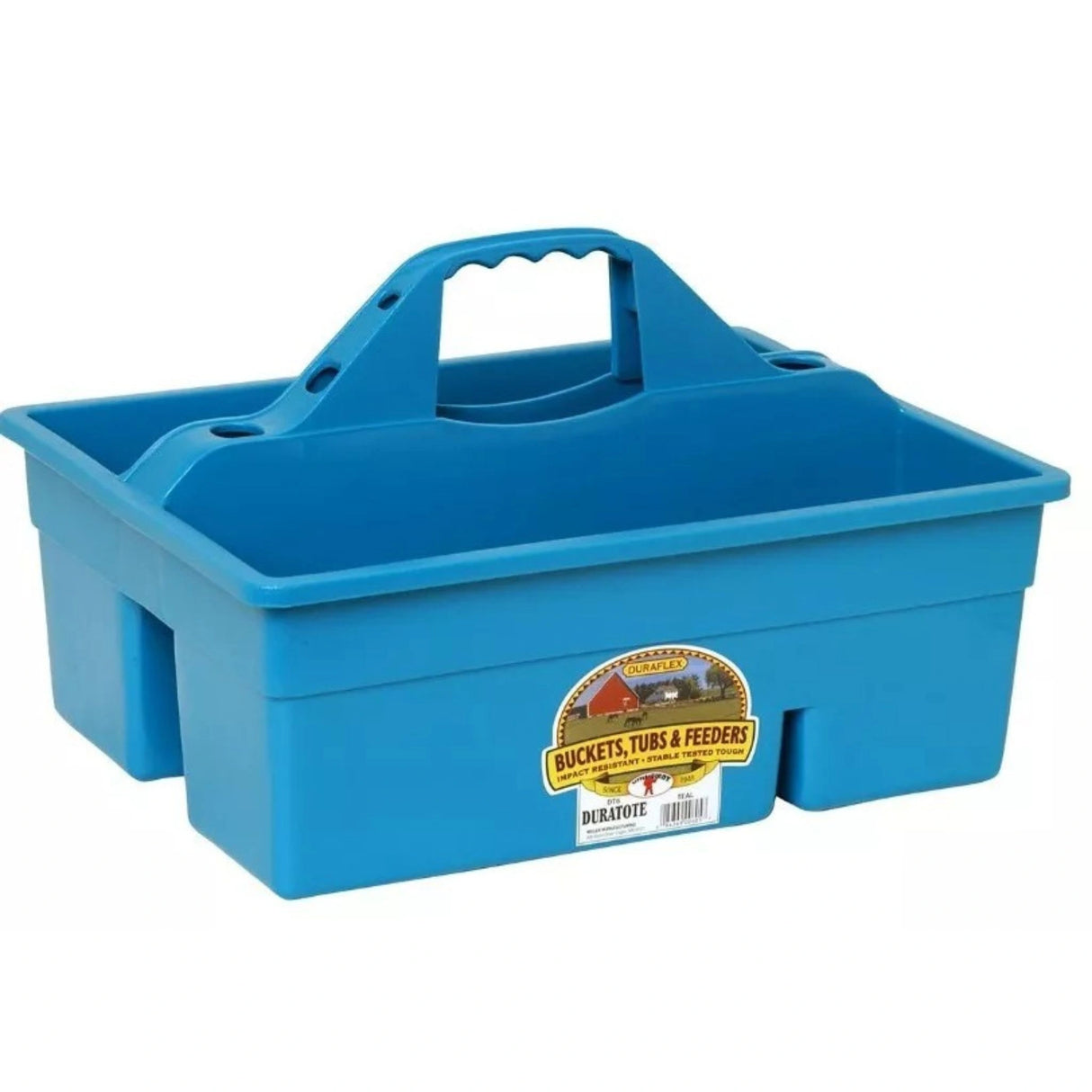 A front side view of the Teal Plastic DuraTote Tote Box by Little Giant on a white background