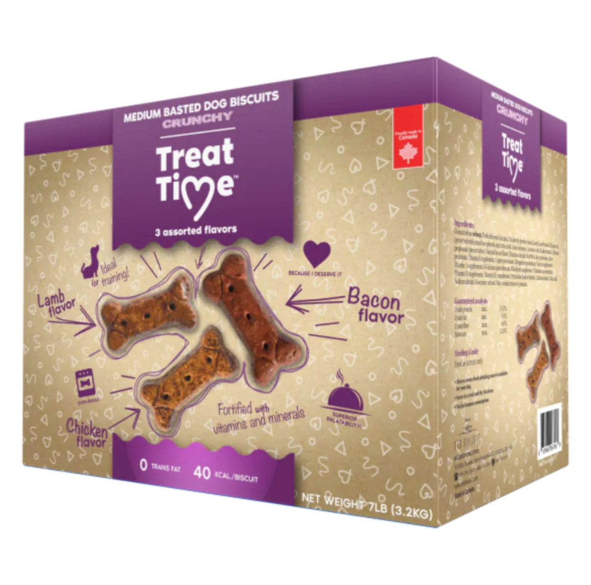 A front side view of Treat Time Medium Basted Biscuits 7lb Chicken, Bacon, Lamb Dog Treats on a white background