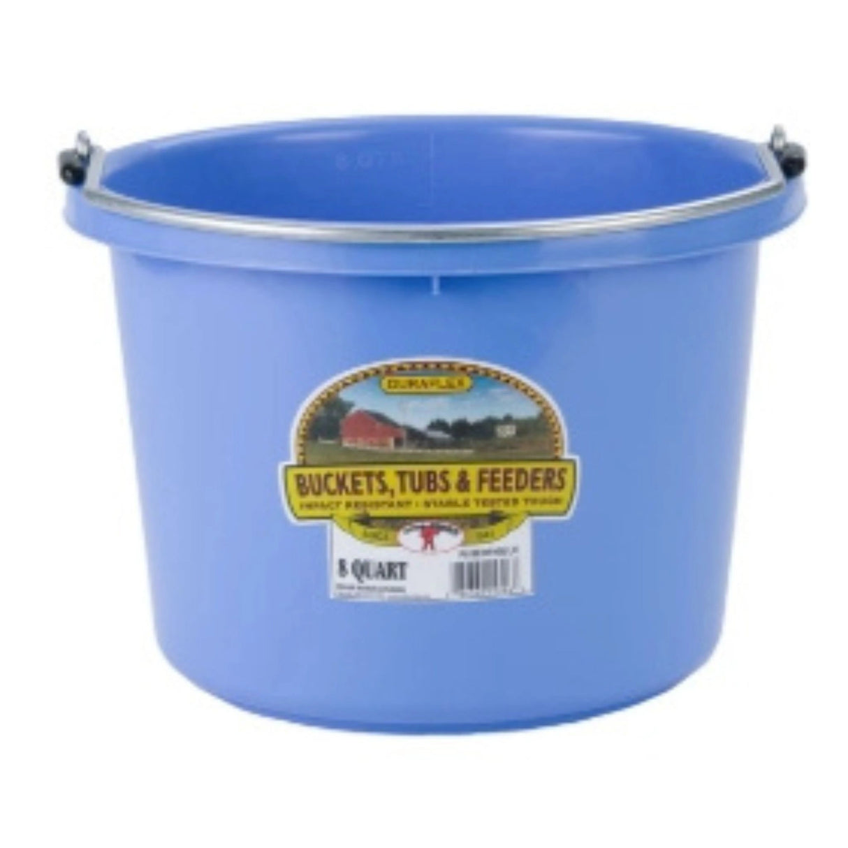 A front view of Berry Blue Little Giant 8 Quart Plastic Bucket on a white background