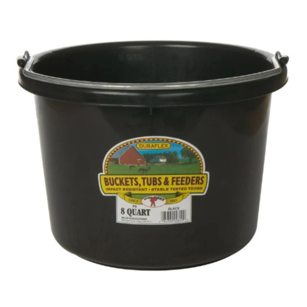 A front view of Black Little Giant 8 Quart Plastic Bucket on a white background