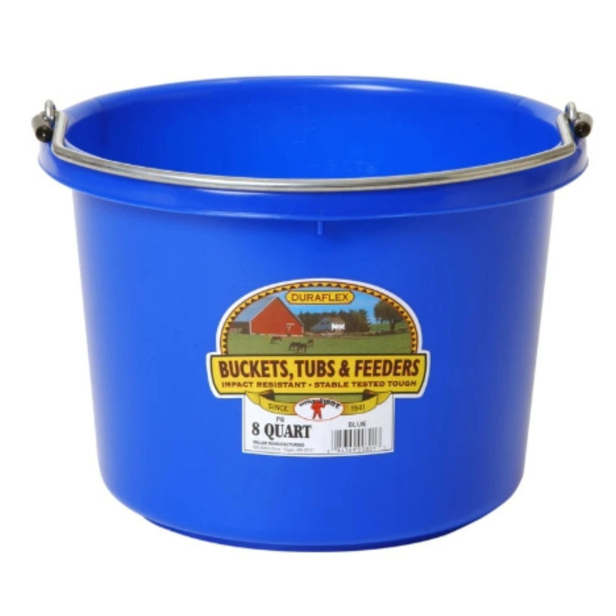 A front view of Blue Little Giant 8 Quart Plastic Bucket on a white background