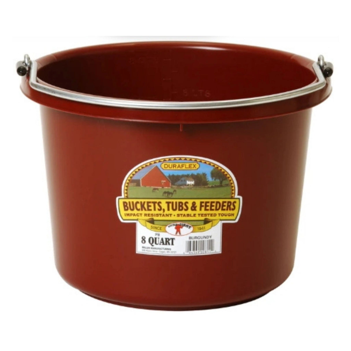 A front view of Burgundy Little Giant 8 Quart Plastic Bucket on a white background