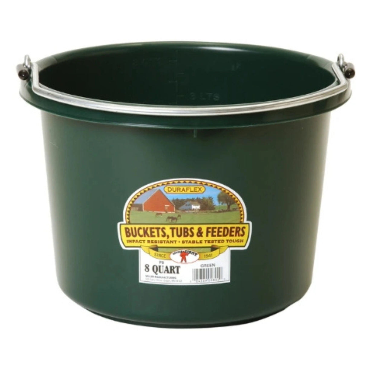 A front view of Green Little Giant 8 Quart Plastic Bucket on a white background