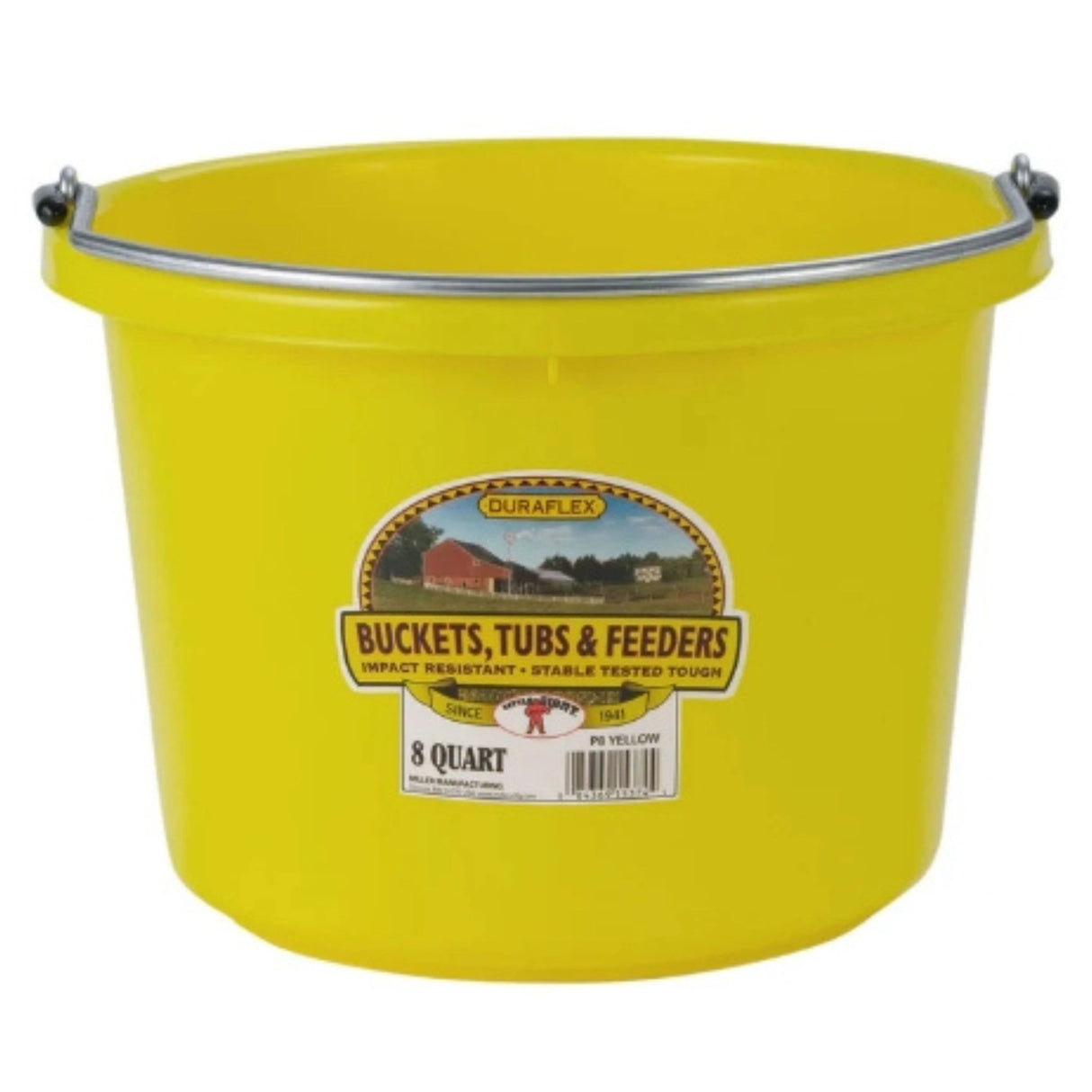 A front view of Hot Yellow Little Giant 8 Quart Plastic Bucket on a white background