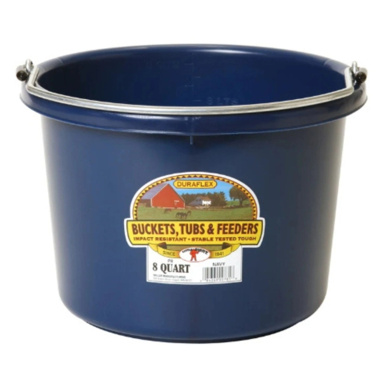A front view of Navy Blue Little Giant 8 Quart Plastic Bucket on a white background