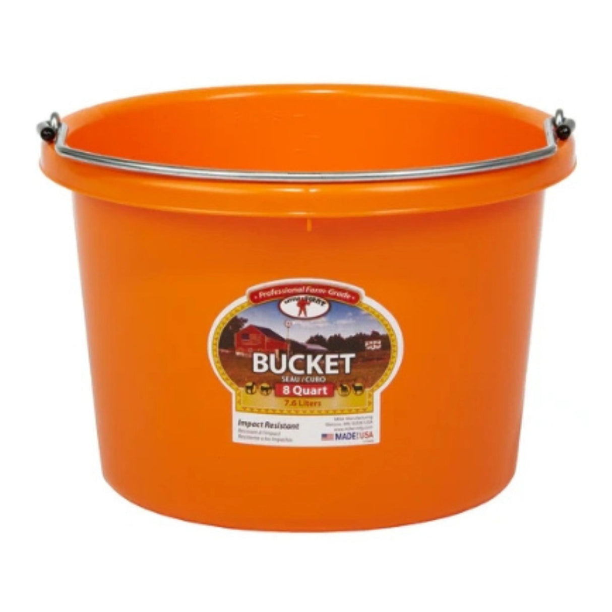 A front view of Orange Little Giant 8 Quart Plastic Bucket on a white background