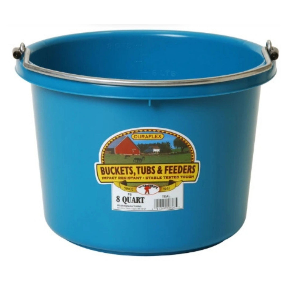 A front view of Teal Little Giant 8 Quart Plastic Bucket on a white background