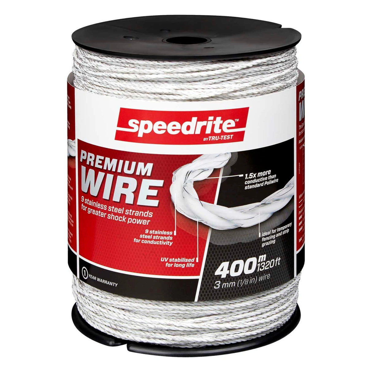 A front view of Speedrite Wire Fencing 9 Strand 3 mm Polywire 400 M on a white background