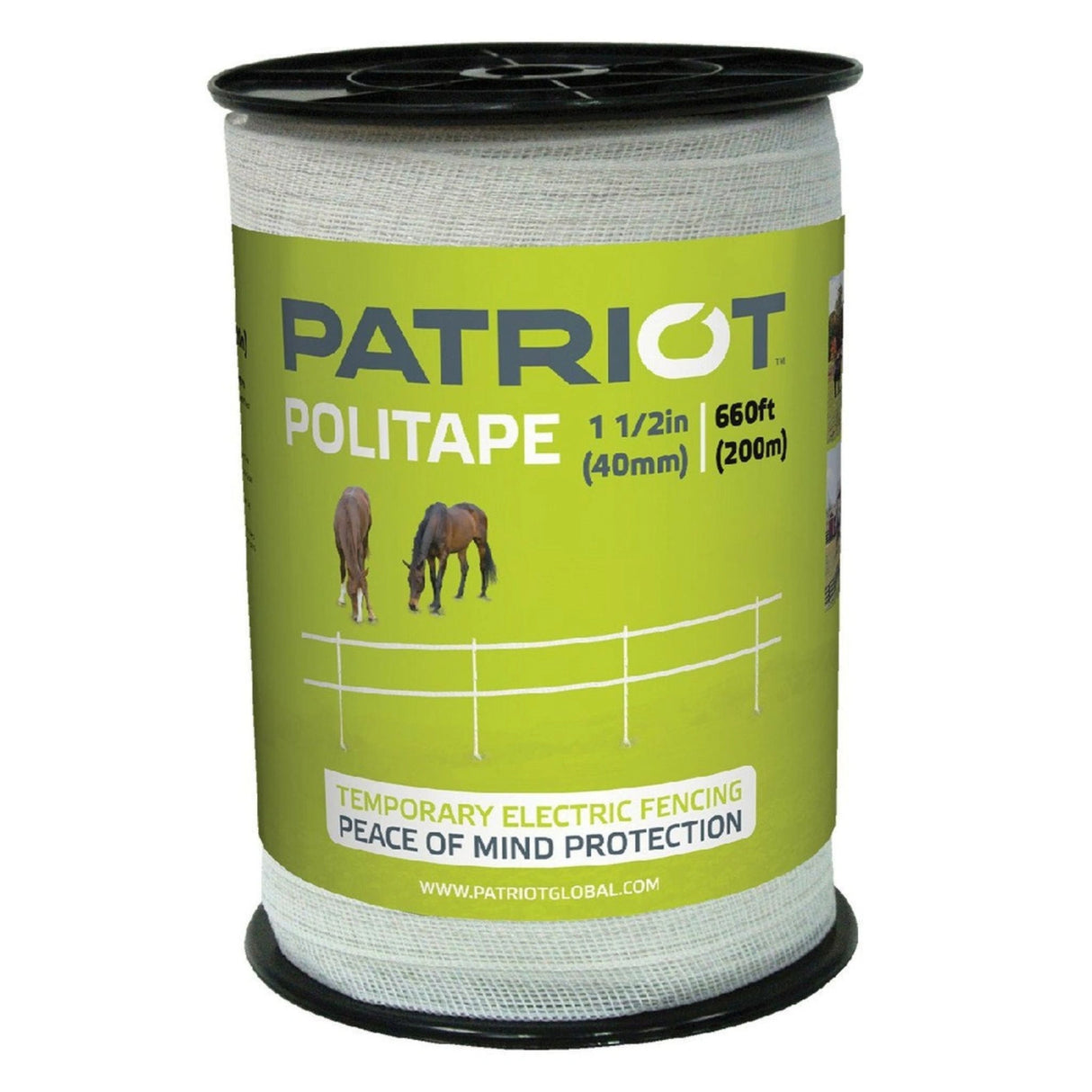 Front view of Patriot wire fencing polytape 1.5 inch 200m 660ft on a white background