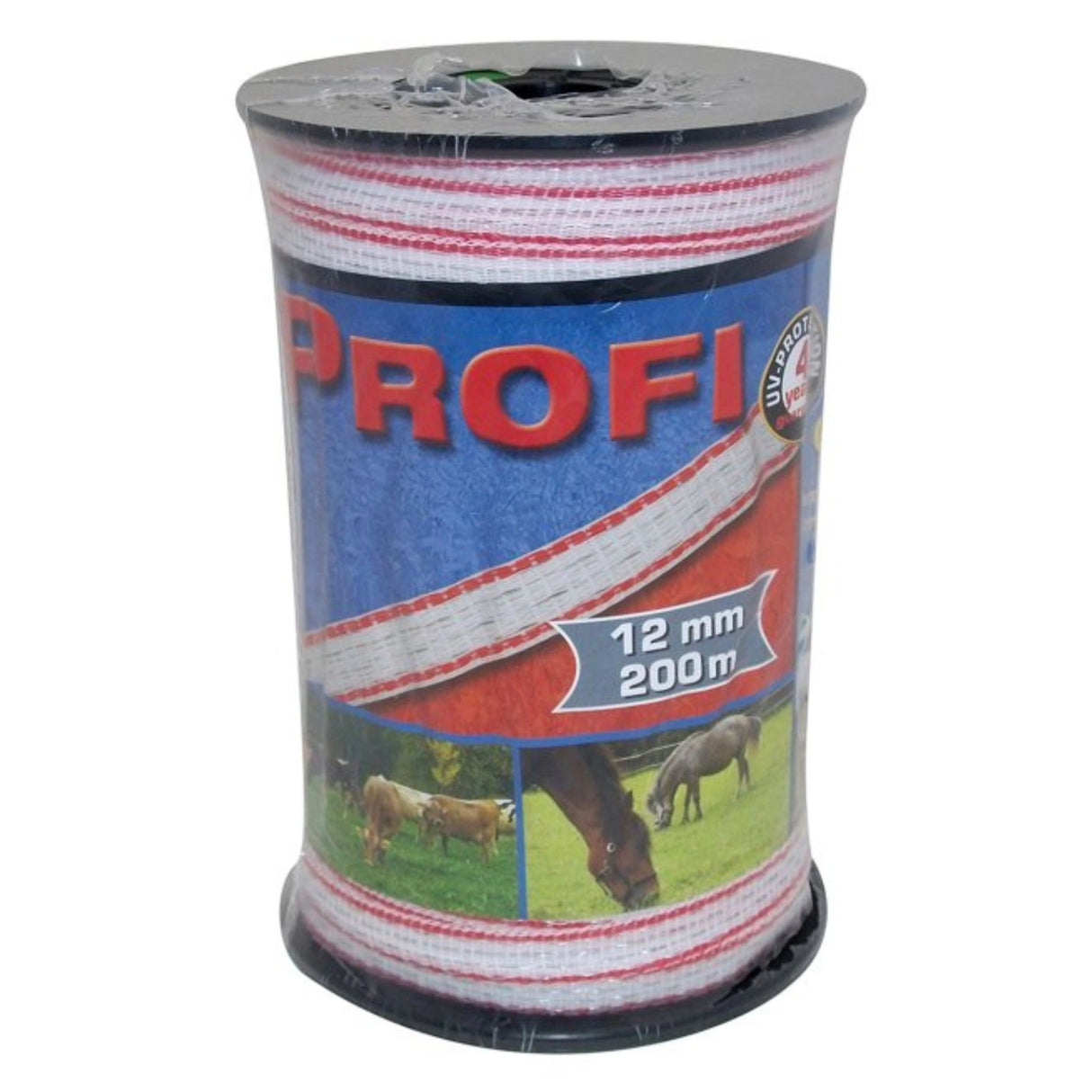 Close-up front view of Corral Wire Fencing Profi Fencing Poly Tape 12mm X 200 Meter on a white background